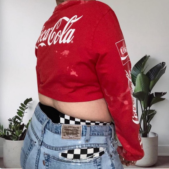 Coca Cola Reworked Cropped Long Sleeve Tee Bleached Red Medium - Picture 4 of 8